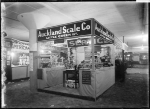A stand at a trade fair in 1930, advertising the Auckland Scale Company, Little Queen Street