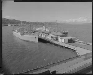 Passenger liner Corinthic and ship from Port of New Plymouth berthed at overseas terminal, Clyde Quay, Wellington Harbour