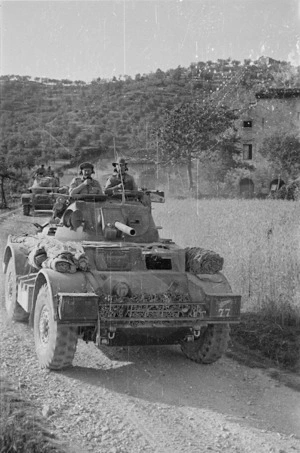New Zealand Prime Minister Peter Fraser and General Freyberg in an armoured car near Sora, Italy, during World War 2