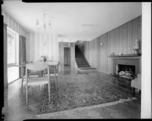 Dining room [of Jim Dawson house in Mahina Bay, Eastbourne, Lower Hutt?]