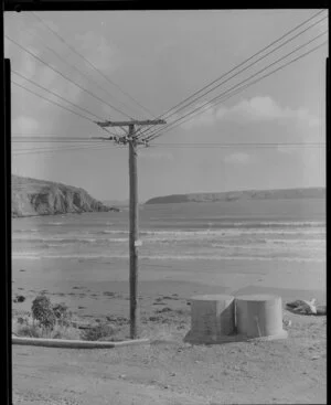 Power pole on beach, Mana Island in distance, Porirua, Wellington