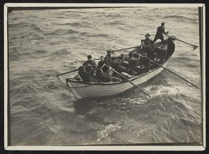 Surf boat coming alongside ship at Enderby Island, Auckland Islands