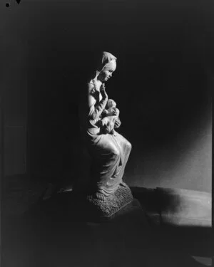 Wooden sculpture by James Gawn, of Mary and the Christ Child