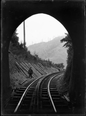 Section of railway line visible through the mouth of a tunnel on the Rimutaka Incline