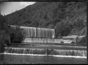 Wainuiomata Reservoir showing the overflow, 1909.