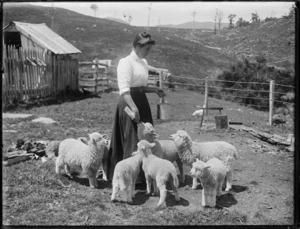 Woman feeding lambs