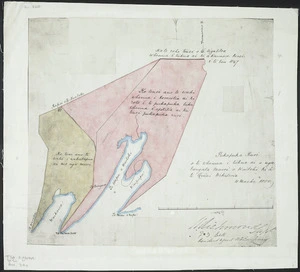 Pukapuka a Ruri a te whenua i tikua ai e nga tangata Maori o Waitohi a te Quini Wikitoria 4 Maehe 1850. [Map of the land given by the Maori of Waitohi to Queen Victoria, 4 March 1850] (Signed) M. Richmond, Supt. F D Bell, Resident Agent NZ Land Co. [copy of ms map]