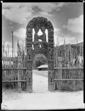 Creator unknown : Photograph of a carved wooden gateway at Whakarewarewa Pa