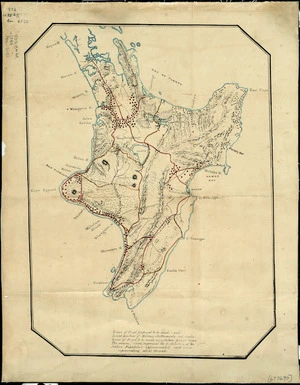 [Sewell, R.J., fl 1860-1894] :[North Island, showing proposed road, location of military settlements and Maori population at the time of the New Zealand wars, 1860's] [map with ms annotations]. [ca.1865]