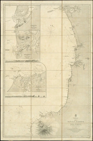 New Zealand, North Island. / Sheet 6, Manukau Harbour to Cape Egmont surveyed by B. Drury and the officers of H.M.S. Pandora ; from New Plymouth to the southward by J.L. Stokes and the officers of H.M.S. Acheron, 1849-54 ; engraved by J. & C. Walker.