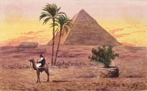 G J :[Egyptian desert at sunset with pyramid, palms, camel and rider. Between 1940 and 1945]