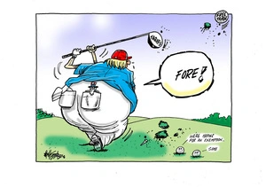 [Donald Trump playing golf with a "tariffs" club and the "Free Trade" ball]