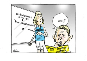 [Education minister Chris Hipkins pondering his "Education overhaul" with the "Parents" teacher]