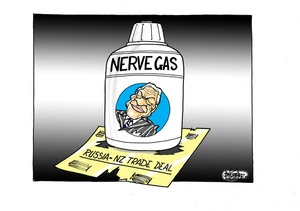 [A chemical gas canister bearing a portrait of Winston Peters sits on a torn "Russia-NZ trade deal"]