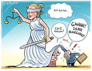 [Russell McVeagh looks under Lady Justice's skirts to find Dame Margaret Bazley]