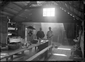 Kitchen interior. The cookhouse at the timber camp at the Piha Mill.