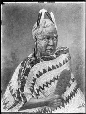 Photographic copy of a painting by Samuel E Stuart featuring an unidentified Maori man