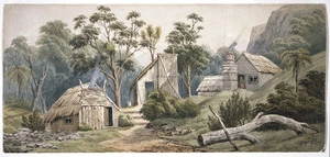 Hoyte, John Barr Clark, 1835-1913 :[Miners' slab huts in a bush clearing, Coromandel district. Between 1864 and 1867]