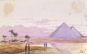 G J :[Egyptian desert with river, settlement and pyramids. Between 1940 and 1945]