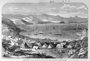 Illustrated London news :Conference of Lieutenant-Governor Wynyard and native chiefs in Coromandel Harbour. The New Zealand Gold Field. [after Charles Heaphy]. London, 1853.
