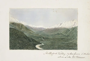 Welch, Joseph Sandell, 1841-1918 :Martins Bay, Otago. Hollyford Valley, taken from 5 miles above Lake McKerrow. [February, 1870]