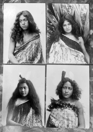 Portraits of four unidentified Maori girls, in traditional Maori dress