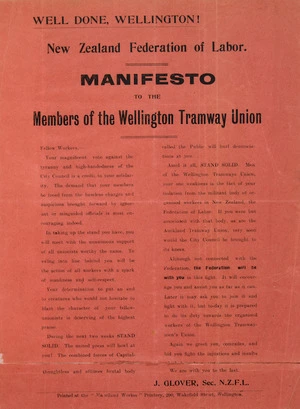 New Zealand Federation of Labor :Manifesto to the members of the Wellington Tramway Union. [1912].