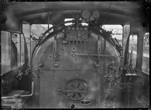 X Class steam locomotive, New Zealand Railways no 439, 4-8-2 type, view inside the cab.