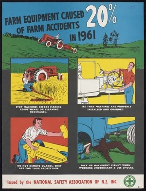 National Safety Association of New Zealand: Farm equipment caused 20% of farm accidents in 1961. Green Cross for safety. Bascands print [1962?]