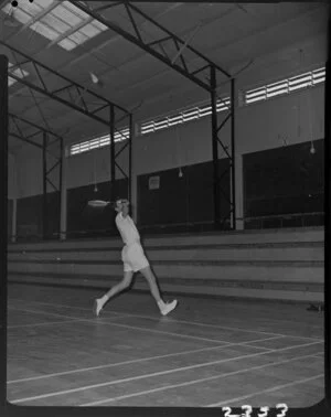 Badminton Federation Cup Players in Feilding, B.F. Dinner including Don Higgins action shot, Thomas Cup Players in action at Feilding