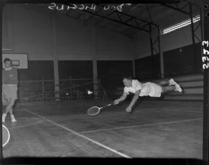 Badminton Federation Cup Players in Feilding, B.F. Dinner including Don Higgins action shot, Thomas Cup Players in action at Feilding