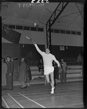 Badminton Federation Cup Players in Feilding, B.F. Dinner including Don Higgins action shot, Thomas Cup Players in action at Feilding