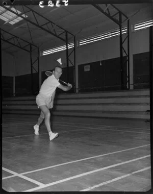 Badminton Federation Cup Players in Feilding, B.F. Dinner including Don Higgins action shot, Thomas Cup Players in action at Feilding