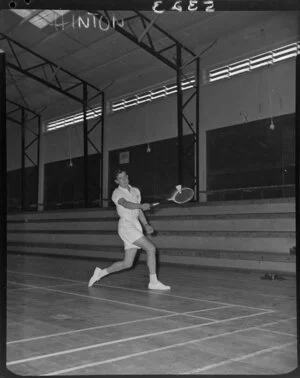 Badminton Federation Cup Players in Feilding, B.F. Dinner including Don Higgins action shot, Thomas Cup Players in action at Feilding