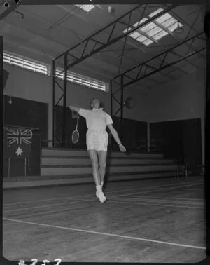 Badminton Federation Cup Players in Feilding, B.F. Dinner including Don Higgins action shot, Thomas Cup Players in action at Feilding