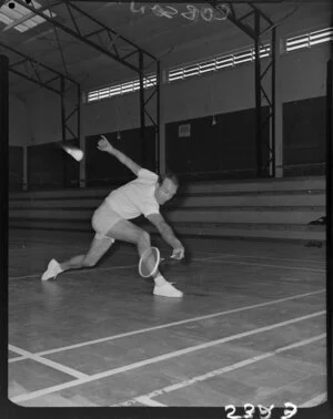 Badminton Federation Cup Players in Feilding, B.F. Dinner including Don Higgins action shot, Thomas Cup Players in action at Feilding