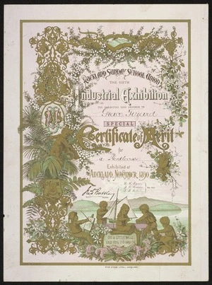 Auckland Sunday School Union: The sixth Industrial Exhibition. The Committee have awarded to [Grace Tizard] Special Cerificate of merit for [a needlecase] exhibited at Auckland, November 1890. Star Steam Litho., Auckland [1890]