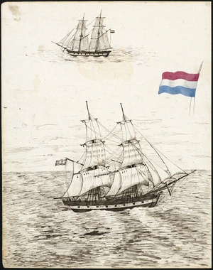 Sketch of two ships and the Dutch flag