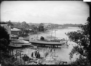 Boatshed and slipway of Bailey & Lowe at Sulphur Beach, Northcote, Auckland