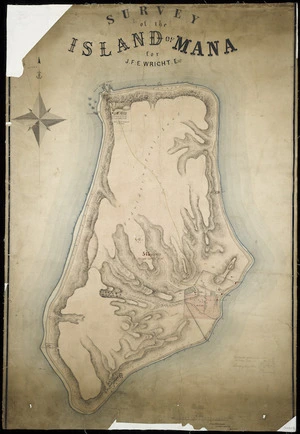Wilkinson, John Stuart, 1831-1903:Survey of the Island of Mana for J. F. E. Wright Esqr. [ms map]. John S Wilkinson, surveyor, April 1873