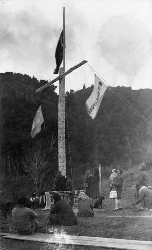 Dedication ceremony of three flags at Waireporepo Pa, Te Whaiti