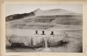 Men bathing in a thermal pool at the White Terraces, Rotomahana