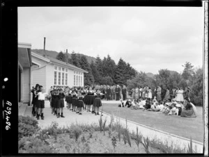 Welcoming the Minister of Maori Affairs to Horohoro School, Taupo district, during the 25th anniversary of the Maori Land Development Scheme - Photograph taken by Edward Percival Christensen