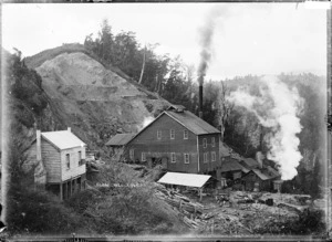 View of the Globe Hill Mine, near Reefton, Inangahua County