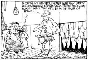 Scott, Thomas, 1947- :'Incontinence knickers, cheaper than pink batts, will absorb water for two years before the floor rots, by which time we'll be in the south of France...' Dominion Post, 9 October 2002.