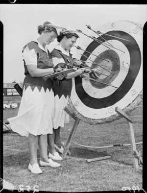 Two female archers at Athletic Park, Wellington