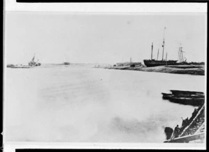 Murray, H N, fl 1959 : Photograph of Hokitika River showing ships ashore on the bar