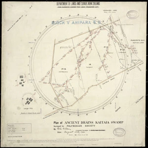 Wilson, D.M., fl 1921 :Plan of ancient drains Kaitaia swamp [ms map]. Surveyed for Polynesian Society by D.M. Wilson, Licensed Surveyor, August 18th, 1921.