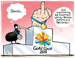 Gold Coast 2018 [Commonwealth Games]. "And representing NZ mountain biking. We have not one, but TWO birds!!"