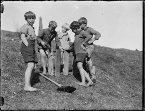 Five children building a fence, Mokau River